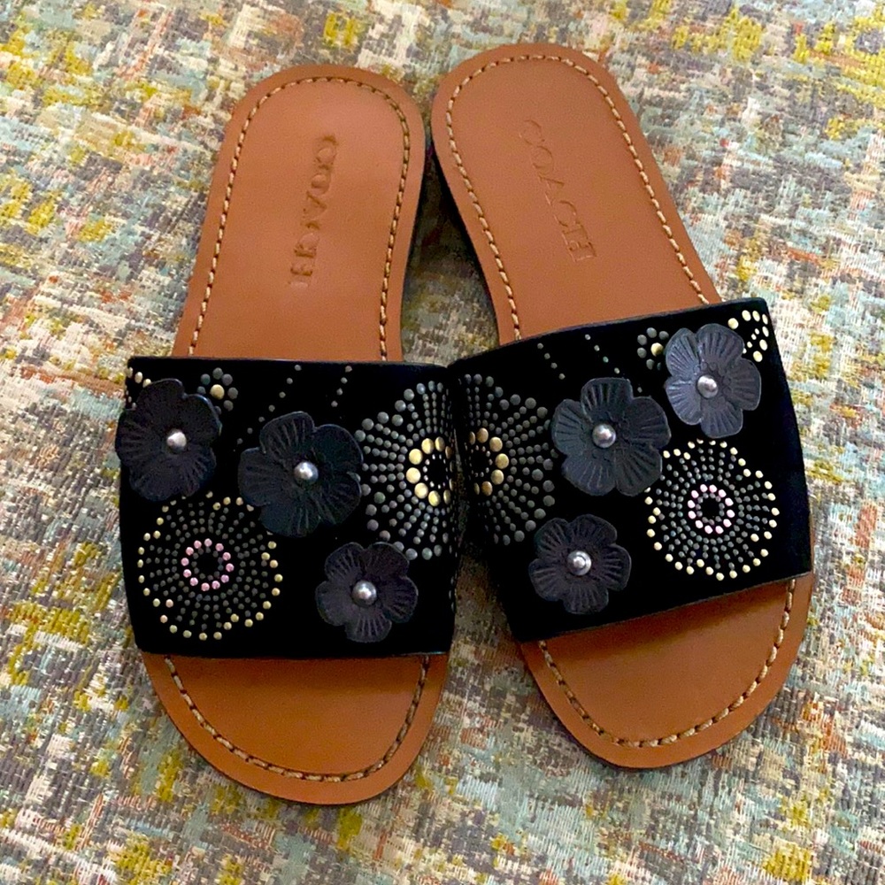 Black suede with flowers Coach slides